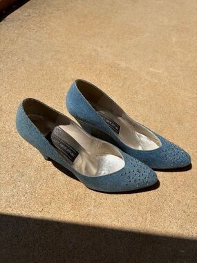 Stuart Weitzman denim studded heels